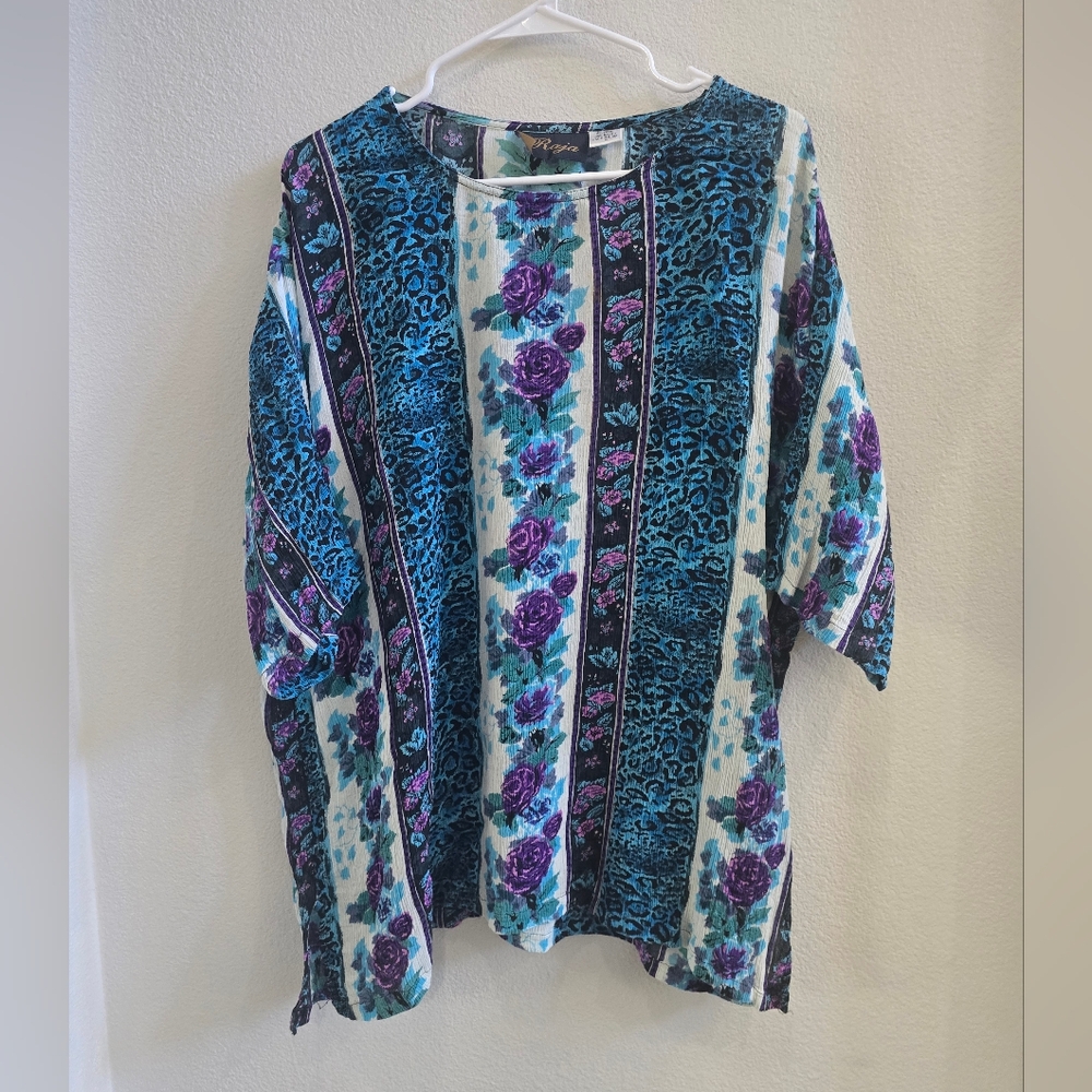 Raja Floral Blue/ Purple floral print top and matching skirt Women's size medium